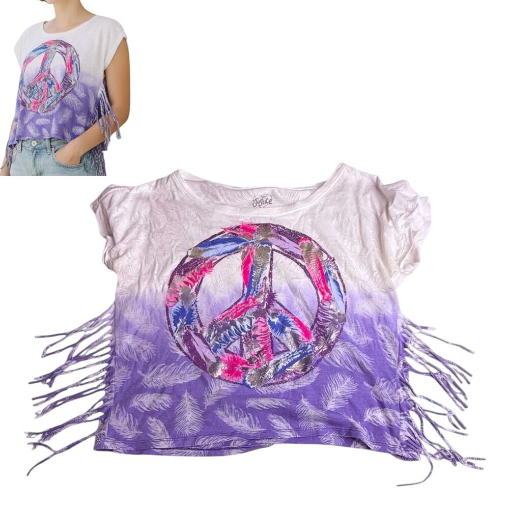 Justice Peace Fringe T Shirt Girls 16 Purple Pink Metallic Silver Summer Tee Top